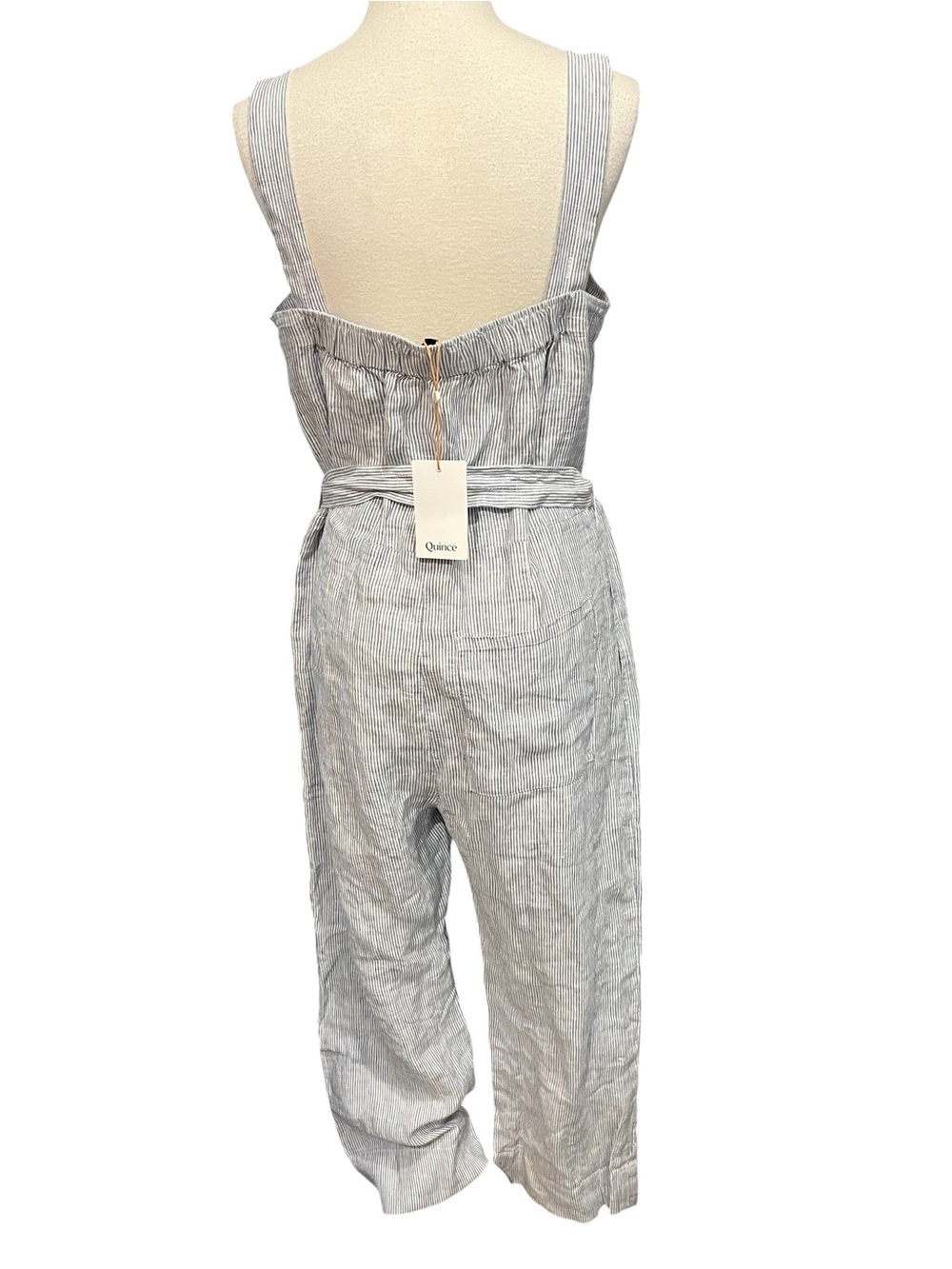 Quince 100% European Linen Square Neck Jumpsuit in blue pinstripe pattern Size M - Picture 4 of 13